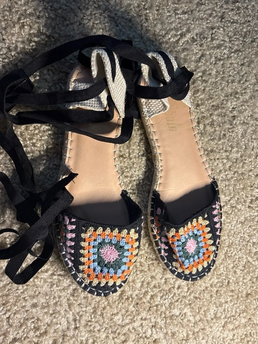 Black Crochet Lace-Up Espadrilles with Multicolor Accents
